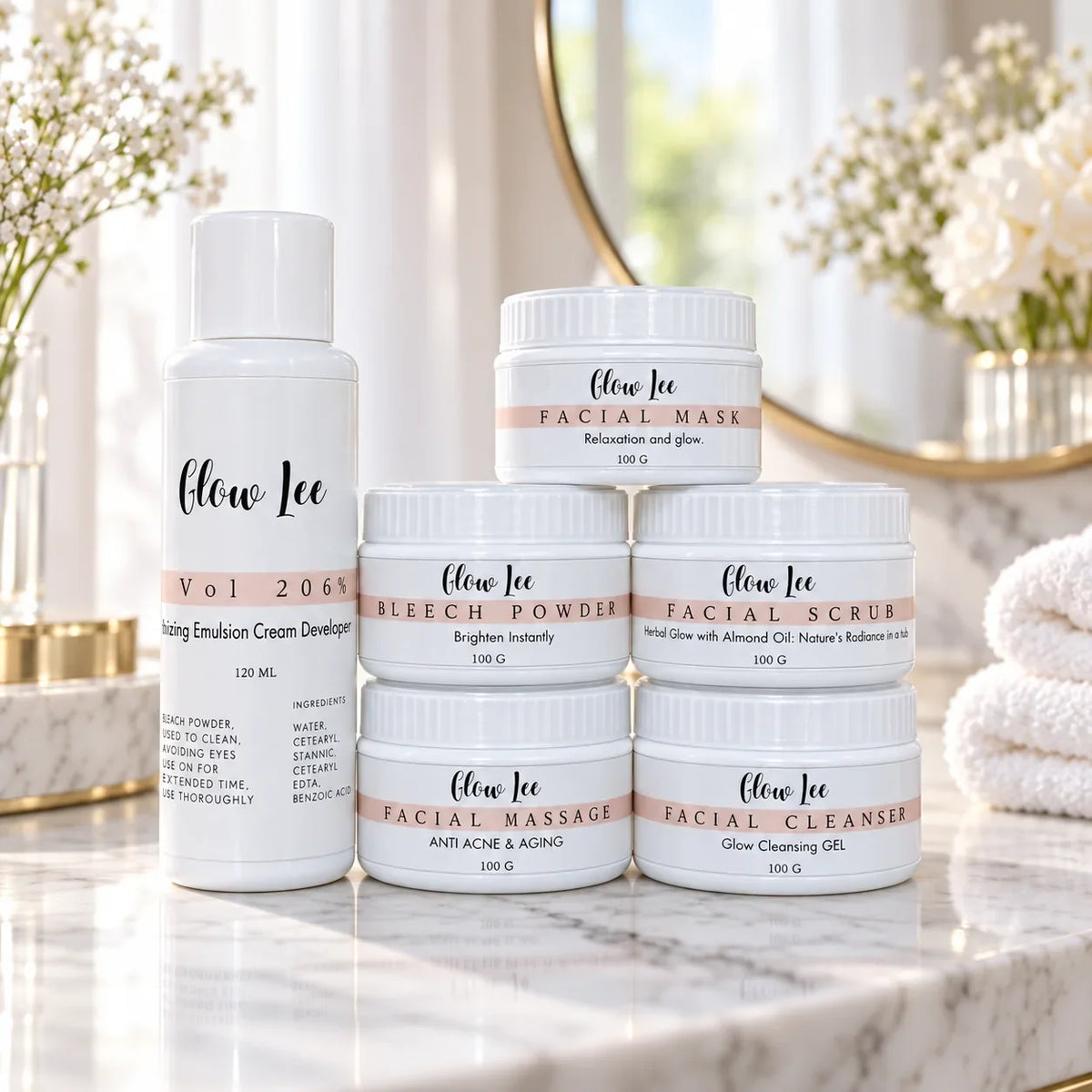 Glowlee Facial Emulsion Suite styled on vanity