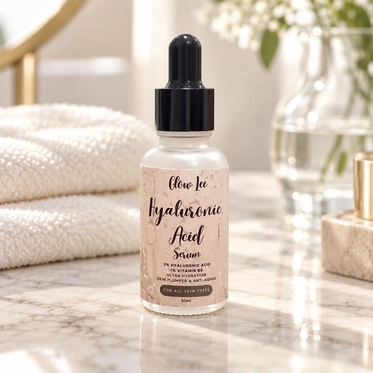 Glowlee Hyaluronic Acid Serum styled on vanity