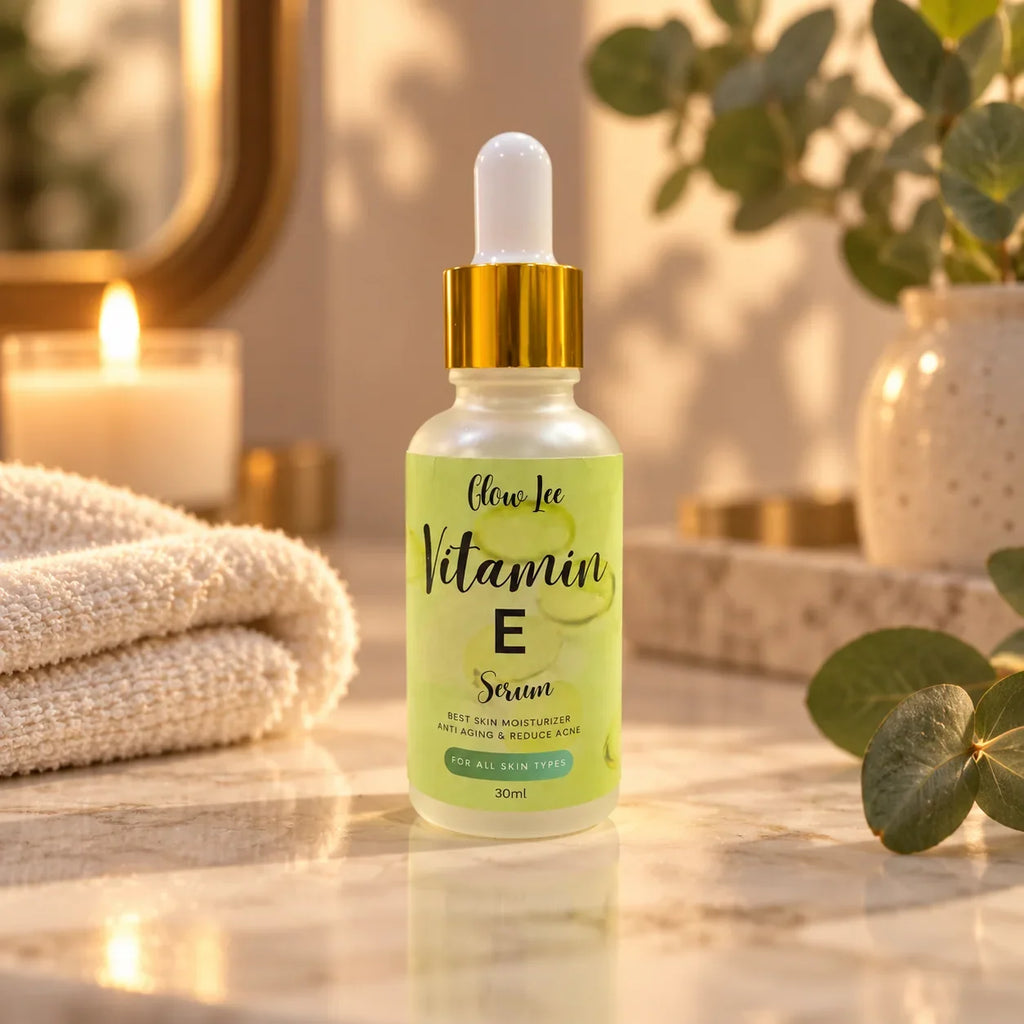 Glowlee Vitamin E Serum styled on vanity